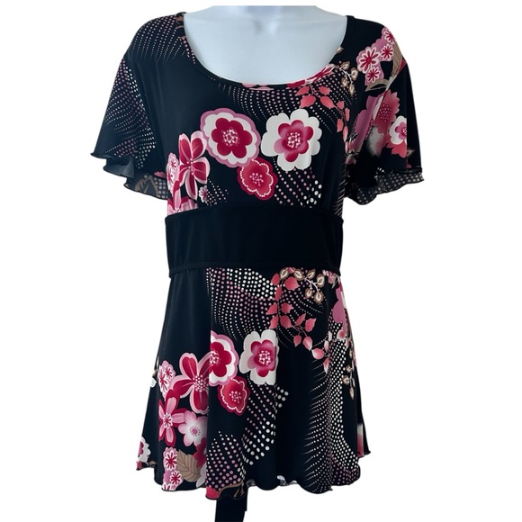 Volume One Vtg Y2K Cherry Blossom Floral Black and Pink Top XL Empire Waist Tie - Picture 1 of 8